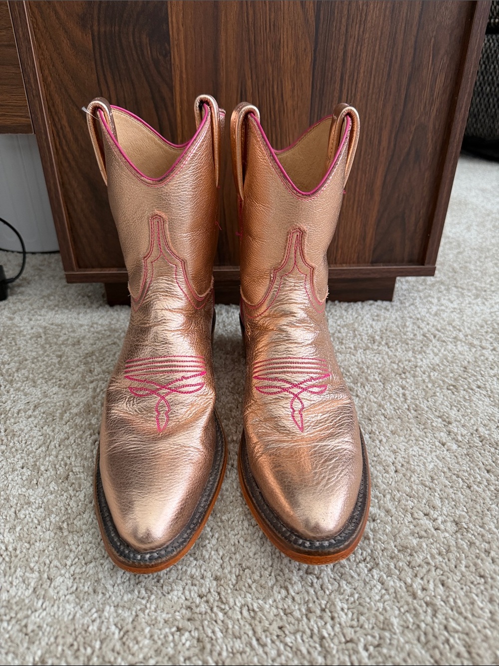 Lucchese Metallic Rose Gold Gabby Booties with Pink Stitching - Picture 2 of 7